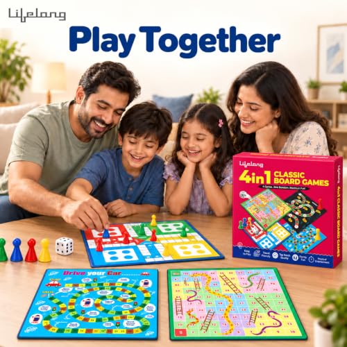 Image of Lifelong 4-in-1 Classic Board Games Set | Ludo, Snakes & Ladders, Money Game & Drive Your Car | Indoor Educational Board Game Set with Dice & Pawns | Fun Games for Boys, Girls & Adults