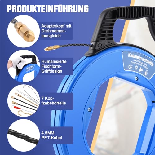Kabeleinziehhilfe 50m, 4,5mm, Einziehspirale inkl. 7 Adapter, Einziehhilfe für Leerrohre, Einziehfeder für Leerrohr, Zugdraht, Kabelzieher für Kabel & Elektroinstallationen