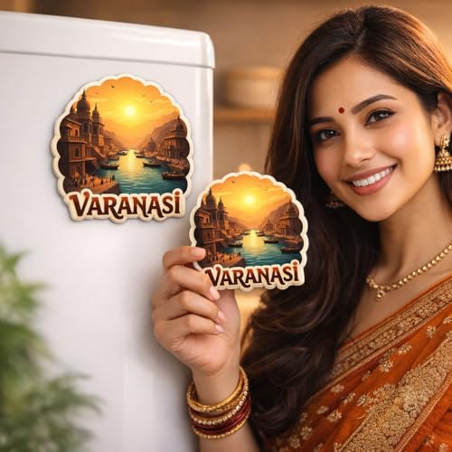 Image of Naxon Varanasi Kashi Vishwanath City Theme Souvenir Wooden Fridge Magnet | Spiritual City Design 3x3 Inch Refrigerator Magnet for Kitchen & Home Decor | Travel Gift from Varanasi | Pack of 1