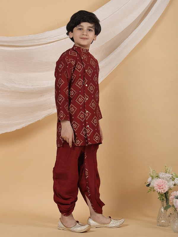 Image of superminis Boy's Golden Foil Printed Side Open Cotton Kurta, Round Collar, Full Sleeves Ethnic Wear Dhoti Kurta Set