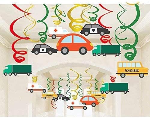 packingmaster 30Ct Colorful Transportations Cars Trucks Buses Hanging Swirl Home Decorations for Transportation Themed Birthday Party Supplies