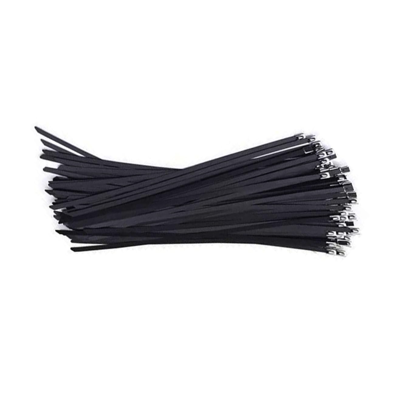 Lot de 10 attaches de câble autobloquantes en acier inoxydable 304 et plastique noir pulvérisé, 7,9 x 300 mm.