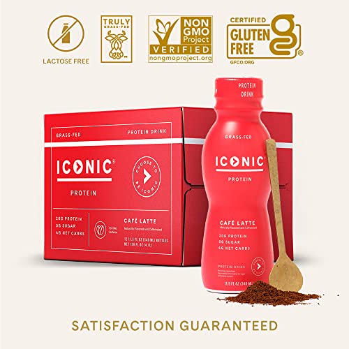 Iconic Protein Drinks, Café Latte (12 Pack) - Sugar Free & Low Carb - 20G Protein + 100Mg Caffeine - Lactose Free, Gluten Free - Keto Friendly Protein Coffee #TOP5