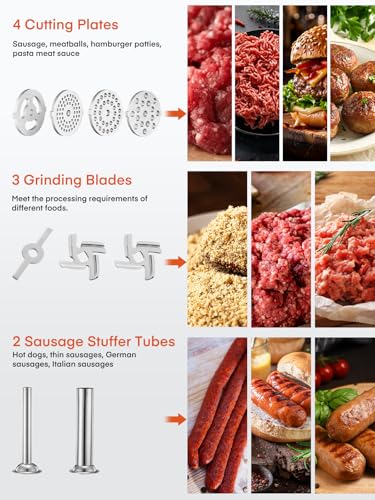 Meat Grinder Attachment for KitchenAid Stand Mixer, 15PCS Stainless Steel Meat Grinder Accessories for Kitchen Aid With 4 Grinding Plates, 2 Sausage Stuffer Tubes, 3 Grinding Blades, 1 Large Food Tray