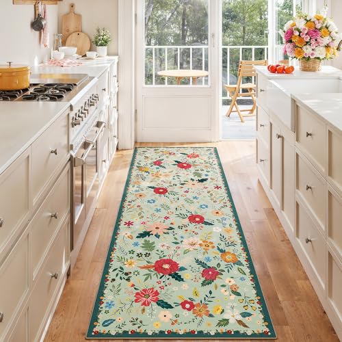 ARKIIKI 2x6 Green Runners Rug, Floral Washable Kitchen Rugs for Hallways Area Rugs, Non Slip Long Rug Low Pile Entrance Doormat, Flower Carpet for Kitchen, Entryway Indoor, Bedroom, Bathroom, Laundry