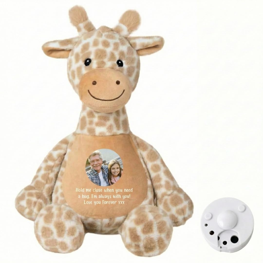 Personalised Large Photo & Recordable Voice Message Memory Giraffe | Custom Soft Toy Keepsake | Plush Cuddly Giraffe with 20-Second Re-recordable Recorder| Birthday, Christening & Memorial Gift — image 1