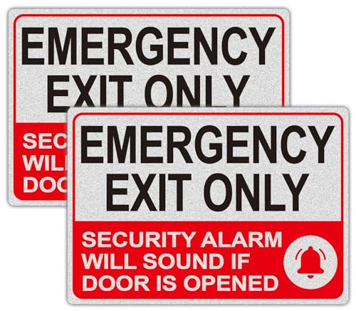 Emergency Exit Only Alarm Will Sound Signs, 2 Pack 10x7 Inch Reflective Vinyl Safety Stickers for Doors Weatherproof UV, Scratch & Fade Resistant, Easy to Read Exit Only Signs for Business,Schools, Hospitals, Offices