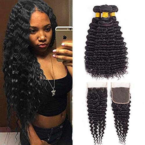 Brazilian Virgin Hair Deep Wave Bundles with Closure Pineapple Deep Wave Human Hair Deep Curly Bundles with Lace Closure (16 closure+18 20 22)