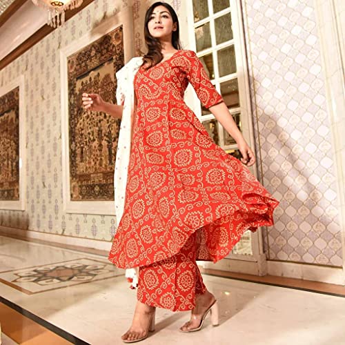 Image of GoSriKi Women's Cotton Anarkali Kurta with Palazzo & Dupatta (India-RED)