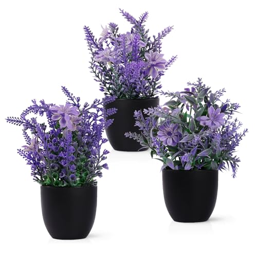 Svalor Kunstpflanze Klein, 3 Stück Künstliche Pflanzen mit Topf, Kunststoff Lavendel Pflanzen für Wohnzimmer, Schlafzimmer, Büro, Balkon und Bad