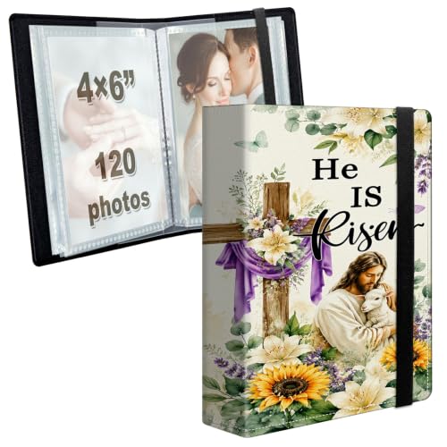 Image of Photo Album 4x6 120 Photos with Strong Elastic Band, Easter Floral Cross | Large Capacity Premium Leather Picture Album, Portable Wallet Albums Photo Book for Family Anniversaries Wedding Baby