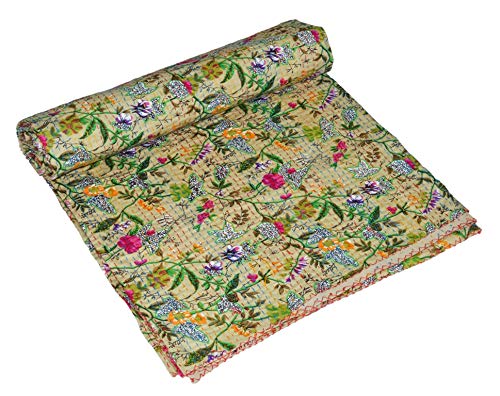 YUVANCRAFTS Indian Handmade Floral Print Kantha Quilt Twin Size Vintage Kantha Kantha Throw Bkanket Bedspread