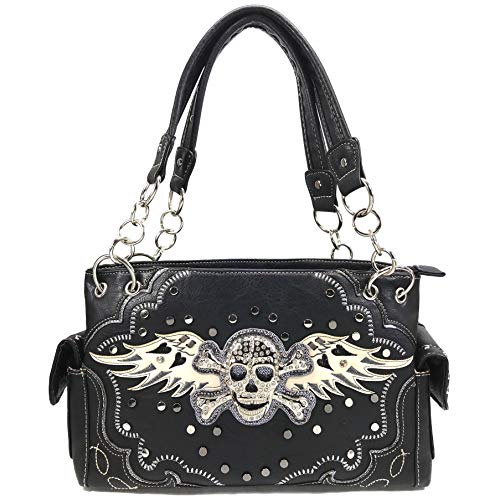 Justin West Fashion Floral Embroidery Rhinestone Skull Shoulder Concealed Carry Handbag Purse2