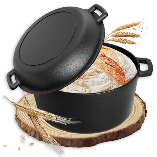 NSIRONS Gusseisen Topf Brot Backen, Brotbackform mit Deckel, 26cm Bräter mit Deckel, Schmortopf, Bratentopf, Brotbacktopf zum Kochen, Braten, Schmoren, Gasgrill (Schwarz)