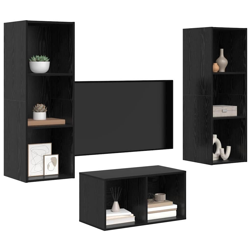Set 3 Mobili TV da Parete RovereNero Legno Ingegnerizzato | Tre pensili sospesi salvaspazio per il soggiorno con sette ripiani interni per organizzare console e accessori.