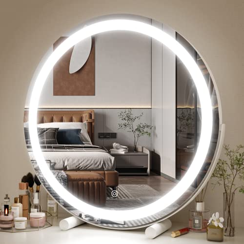 Fennio 18 Inch Large Vanity Mirror With Lights, Round Led Lighted Up Makeup Mirror, Large Makeup Mirror With Lights, Touch Screen With 3-Color Lighting Dimmable, For Vanity Desk Tabletop, Bedroom #TOP8