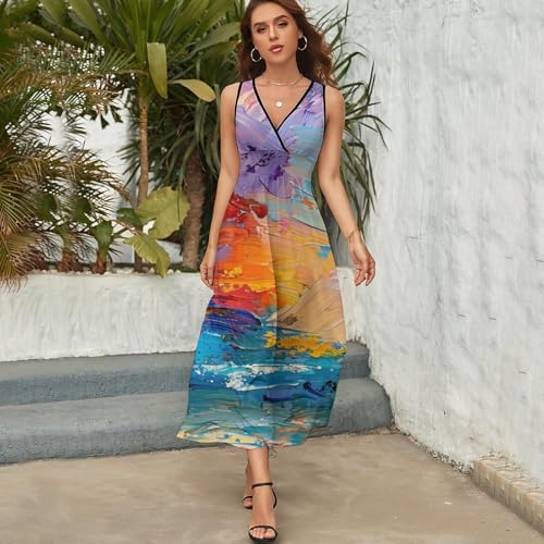 Robe d'été sans manches col V imprimé abstrait grande taille chic