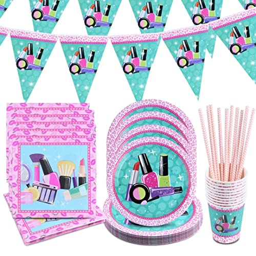 Spa Geburtstag Deko,Spa Topmodel Party Deko Set,Spa Make up Partygeschirr,Spa Make Up Kindergeburtstag Deko,Spa Mädchen Birthday Party Tableware Set mit Banner Tischdecken Teller Becher Serviette Cover
