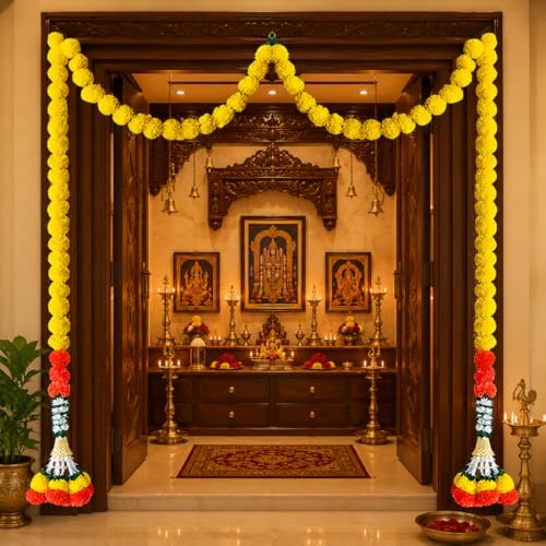 Image of Tia Crafts Artificial Marigold Handmade Fluffy Flower Toran for Main Door Entrance Decoration with Jasmine & Bell for Home, Pooja Room, Festival, Diwali, Ganpati, Wedding Decor Yellow | Set of 2
