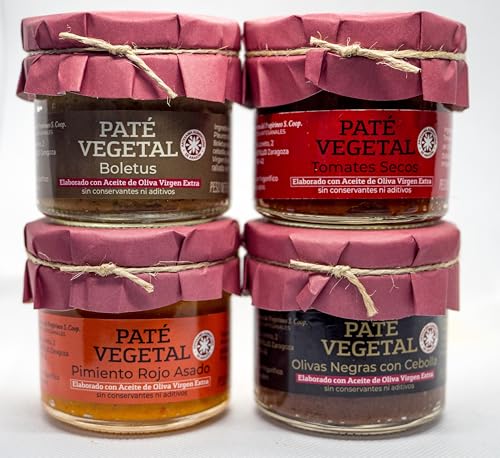 PACK 4 UNIDADES VARIADAS PATÉ VEGETAL DE Boletus Tomates Secos Pimientos rojos Asados y Olivas de Aragón con Cebolla 100% VEGANO Elaborado con Aceite de Oliva Virgen Extra