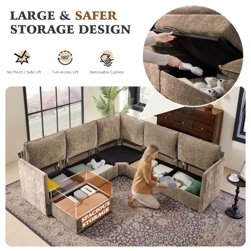 Image of Ihanherry Oversized Modular Sectional Sofa with Storag, 6-Seater V Shaped Cloud Couch with Movable Ottomans, Chenille Deep Seat Corner Couches for Living Room (Brown)