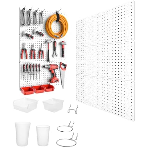 FZK Peg Board, 6Pcs Metal Pegboard &12Pcs Pegboard Bins & Cups with Hooks & Loops, White Pegboard, Pegboard Accessories for Craft Room Garage Office Workbench Cover