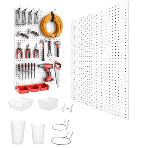 FZK Peg Board, 6Pcs Metal Pegboard &12Pcs Pegboard Bins & Cups with Hooks & Loops, White Pegboard, Pegboard Accessories for Craft Room Garage Office Workbench