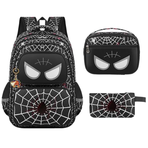 ACEIOT Mochila para meninos, Mochilas Escolares Para Niños, Mochila para Meninos com Lancheira, Mochila de Jardim de Infância para Meninos, Preto, Large, Mochila para meninos com teia de aranha