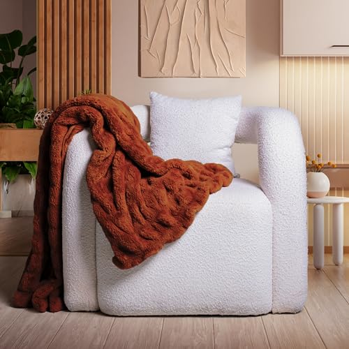 Luxury Concepts Soft Faux Rabbit Fur Throw Blanket - 50" x 60", Elegant Ruched Design Blanket, Machine Washable and Wrinkle Resistant, Lightweight Rust Throw Blanket for Couch, Sofa and Bed
