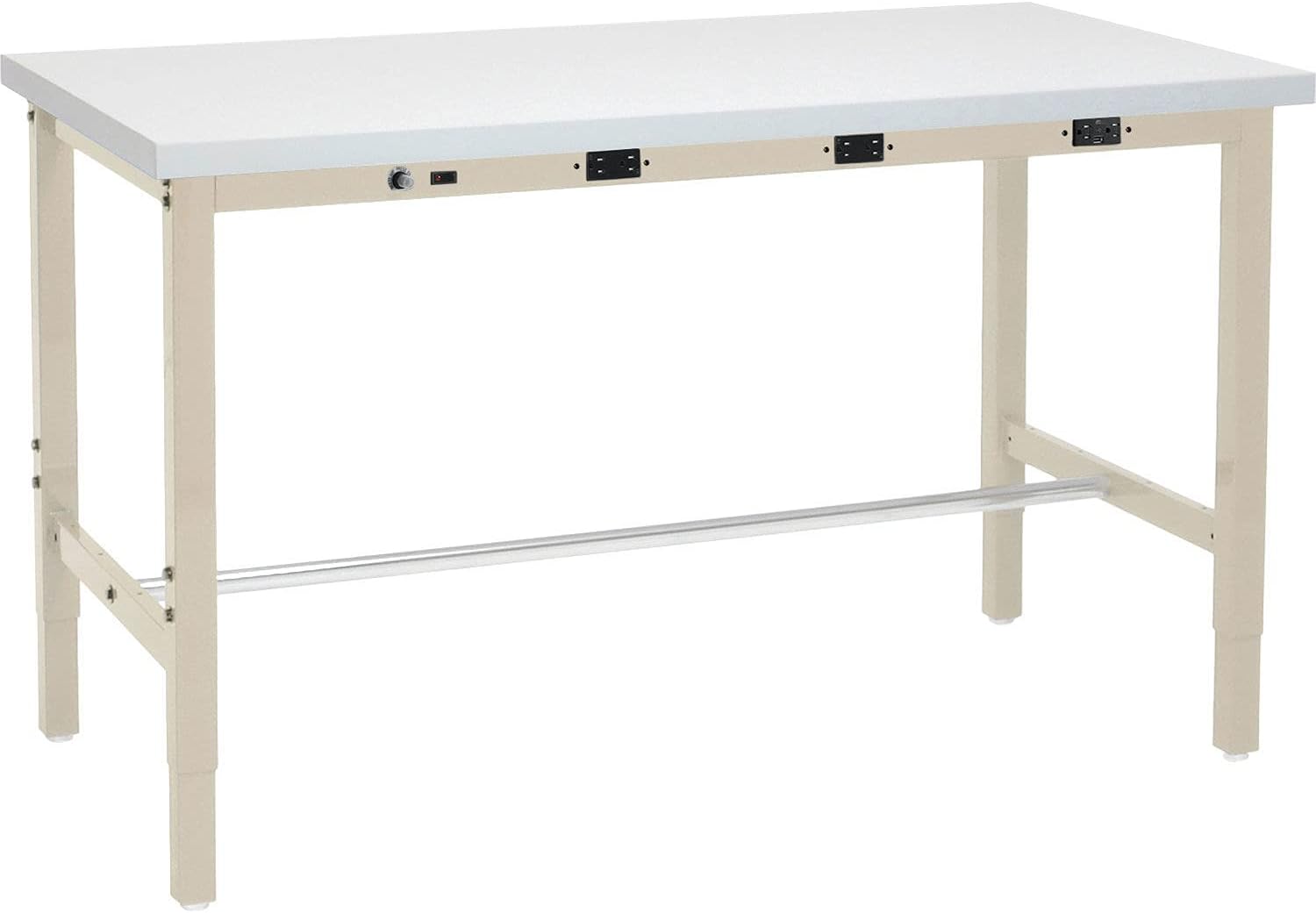 Global Industrial Heavy Duty Adjustable Height Workbench 96x36, 5000 lbs Capacity, Power Apron Outlets, Tan Laminate Top