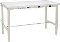 Global Industrial Heavy Duty Adjustable Height Workbench 96x36, 5000 lbs Capacity, Power Apron Outlets, Tan Laminate Top