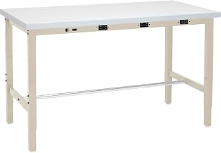 Global Industrial Heavy Duty Adjustable Height Workbench 96x36, 5000 lbs Capacity, Power Apron Outlets, Tan Laminate Top