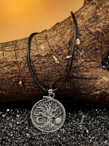 HAQUIL Viking Necklace, Sun Crescent Moon Yggdrasil Ouroboros Jormungandr Midgard Serpent Pendant, Faux Leather Cord, Viking Jewelry Gift3