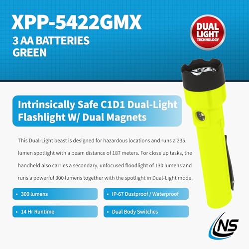 Nightstick XPP-5422GMX X-Series Intrinsically Safe Dual-Light Flashlight with Dual Magnets, Green/Black