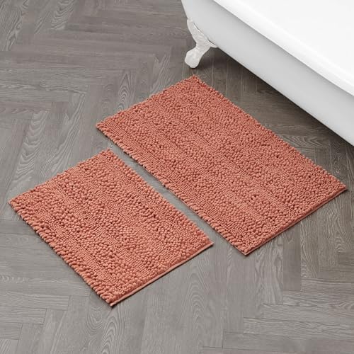 Laura Ashley – Astor Chenille Bath Mats | Set of 2| 100% Polyester | Premium Bathroom Décor | Machine Washable | TPR Backing | Measures 17” x 24” and 20” x 34” | Coral