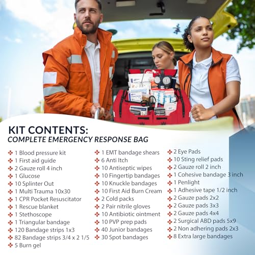 MFASCO First Aid Kit - Fully Stocked Portable Reflective Bag -First Responder Emergency Response Kit -for Natural Disaster Preparedness - Customizable Storage -Includes 415 Pcs First Aid Supplies- Red - Image 4