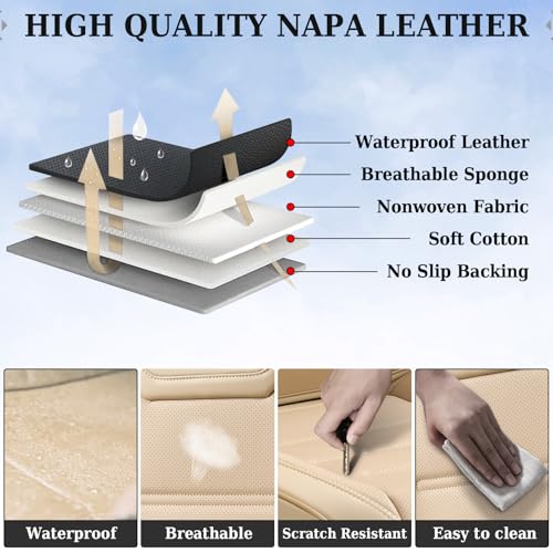 Image of Coverado Car Seat Covers Full Set, Waterproof Car Seat Protector, Leather Seat Cushion, Universal Car Interior Covers Seat Protectors for Most Cars Beige