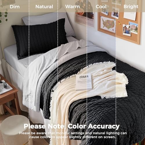 Image of HYMOKEGE Black /Light Grey Twin Comforter Set Seersucker 5 Pieces, All Season Luxury Bed in a Bag for Bedroom, Bedding Set with Comforter, Sheets, Pillowcase & Sham