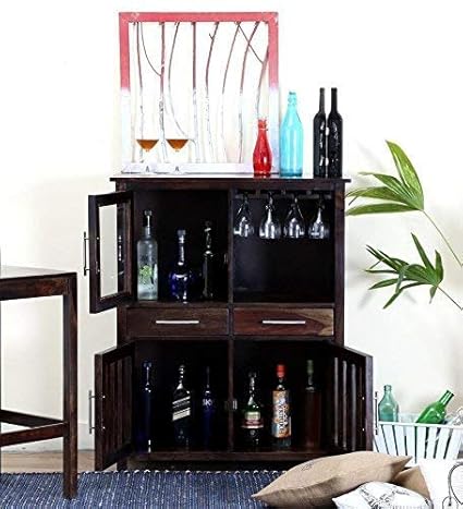 SS WOOD FURNITURE Solid Wood Bar Cabinet in Warm Chestnut Finish