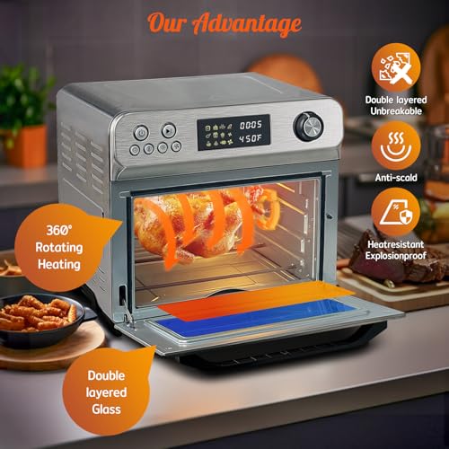 Image of HYSapientia Air Fryer Toaster Oven Combo, 26Quart 10-in-1 Extra Large Countertop Convection Oven with LED Display Knob Control, 1800W Stainless Steel, Less Oil, Faster Cooking,7 Accessories+Recipe