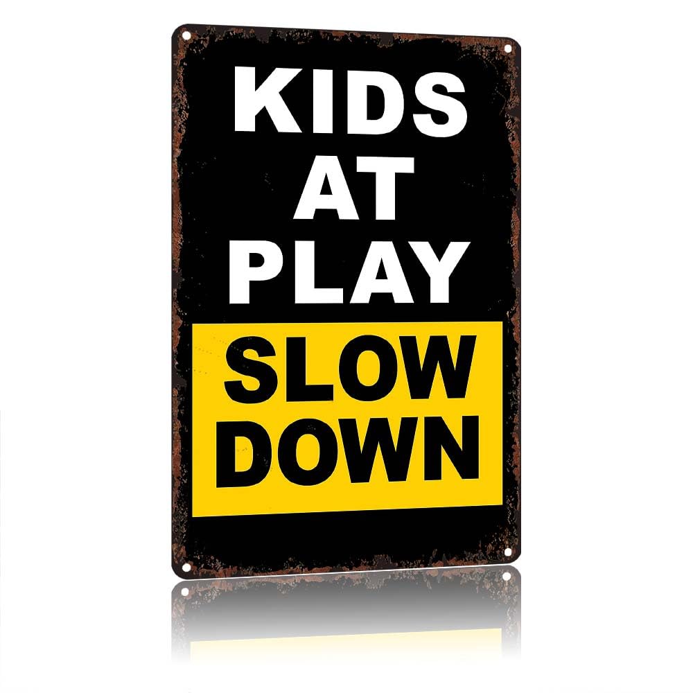 peiyeety Kids At Play Slow Down Warning Sign, 12X8in Vintage Aluminum Metal Tin Sign, Retro Rustproof Street Traffic Sign for Outdoor Yard Neighborhood Fence Driveway Wall Decoration