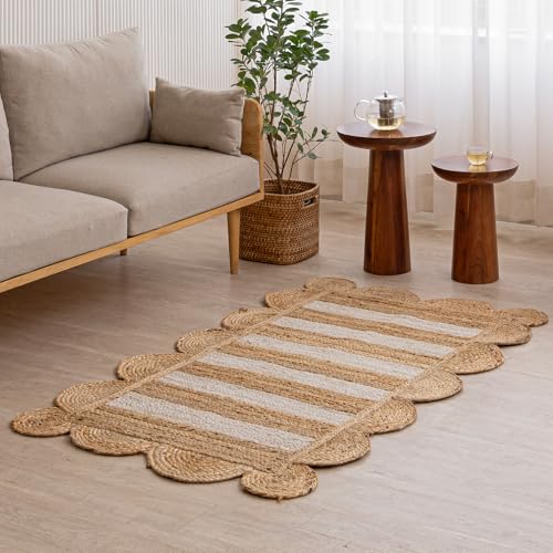 Aizza Trends Alfombra de yute natural trenzada hecha a mano con rayas blancas festoneadas, 213 x 213 cm, cuadrada, para sala de estar, dormitorio, comedor, pasillos y entradas
