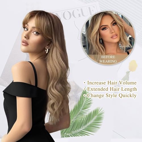 image for Lativ Blonde Wig With Bangs Long Wavy Curly Ombre Wig with Dark Root S