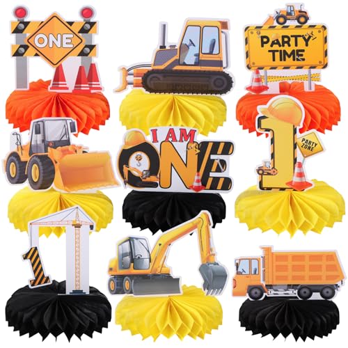 Image of 9pcs Construction Vehicle Table Centerpieces for First Birthday Party Decorations Truck Car Excavator Honeycomb Centerpieces One Birthday Table Decorations Construction 1st Birthday Table Sign Decors