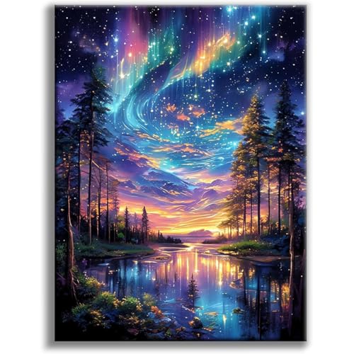 Image of Starry Night Stamped Cross Stitch Kits for Adults - Lake Tree Embroidery Kits for Beginners Adults,11 CT Patterns Dimensions Counted Cross Stitch Kits for Adults Arts Craft 12x16 inch