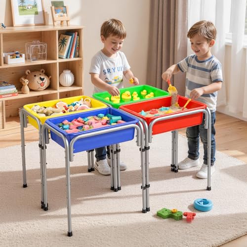 Image of VEVOR Sensory Table for Toddlers, Kids 4-Station Sand and Water Adjustable Play Table with Detachable Storage Bins and Non-Slip Feet, Carbon Steel Frame, Rounded Corners, for Boys and Girls Exploring