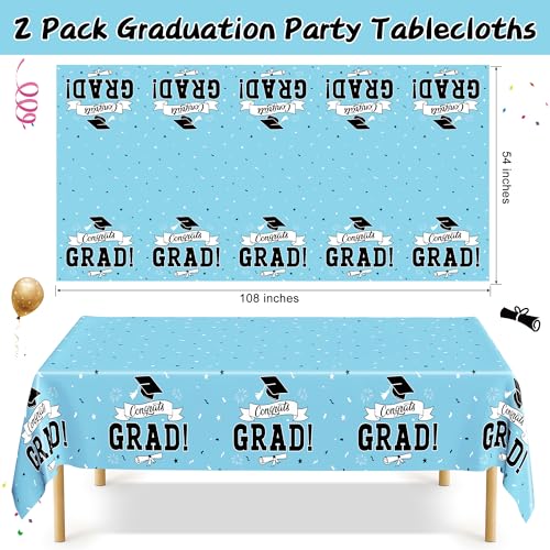 Image of 2Pcs Graduation Tablecloth, 108 inch X 54 inch Skyblue Graduation Table Decor 2026, Rectangle Table Covers for Class 2026 Congrats Grad, Disposable Plastic Tablecover for Grad Decor Party Supplies for Kids