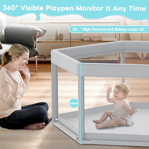 Image of Fshibila 65 inch x65 inch Hexagonal Baby Playpen, Baby Playard for Babies and Toddlers, BabyFence Play Pens for Indoor & Outdoor, Sturdy Safety Play Yard with Soft Breathable Mesh, Anti-Fall, Grey