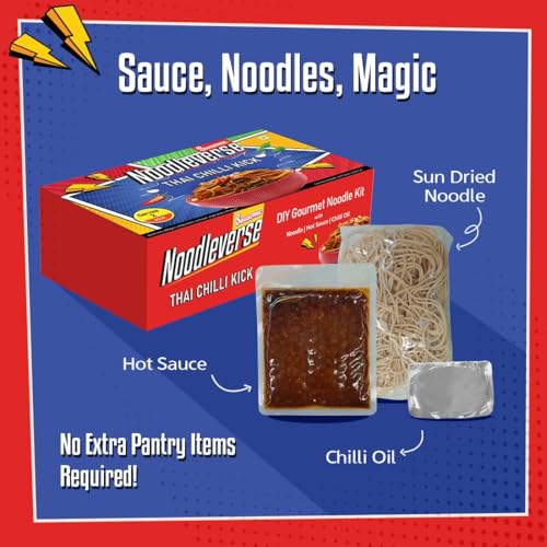 Image of Sausome Noodleverse Thai Chilli Kick - Spicy Garlic DIY Gourmet Noodle Kit | Thai Flavour | 2 Servings | Easy-to-Cook Vegetarian Meal Kit | Net Wt. 370 g