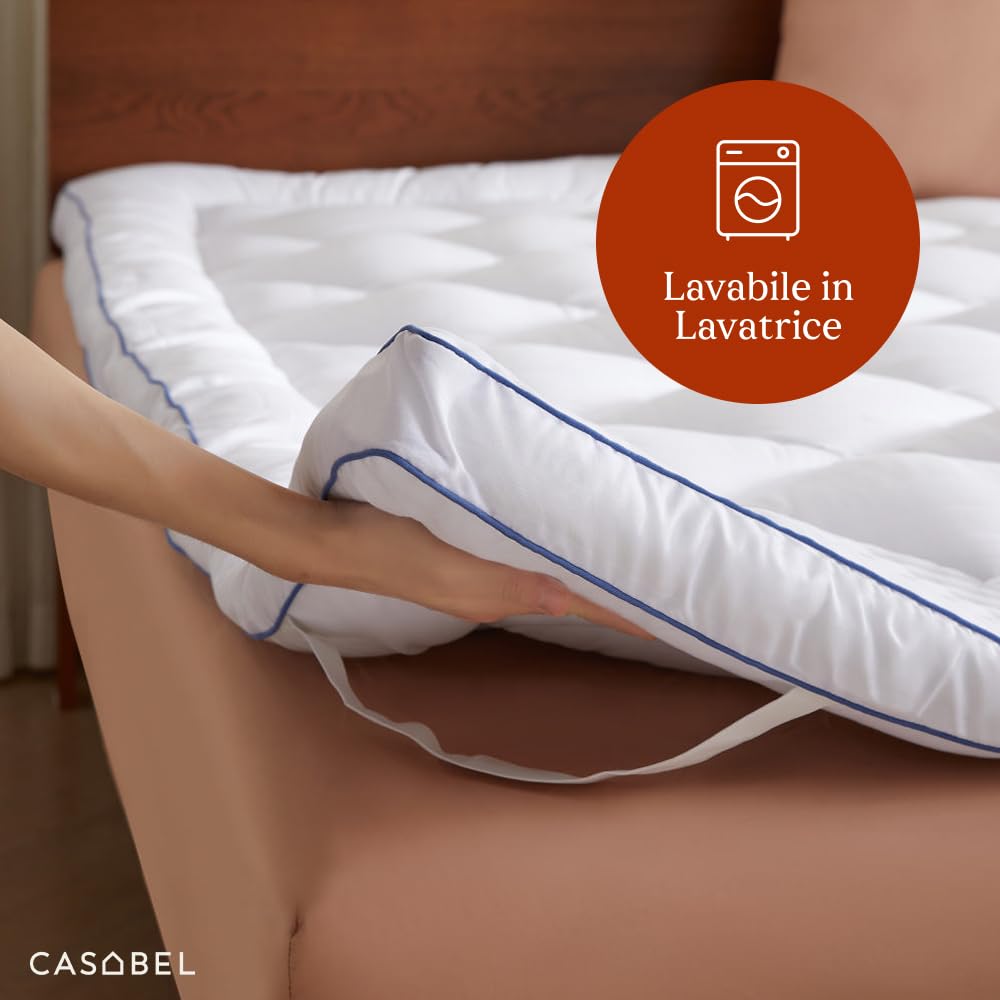 CASABEL Topper Matrimoniale 160x200, Coprimaterasso Matrimoniale imbottito in Microfibra 1000 GSM, Traspirante & Antiscivolo, con Angoli Elastici, Lavabile in Lavatrice